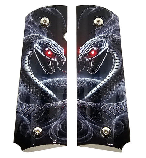 1911 Full Size Metal Grips – Dual Cobra Snake Design – Ambi Cut – Polished Nickel Finish with Red Eyes