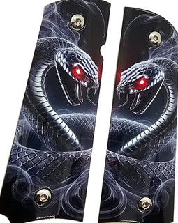 1911 Full Size Metal Grips – Dual Cobra Snake Design – Ambi Cut – Polished Nickel Finish with Red Eyes