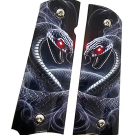1911 Full Size Metal Grips – Dual Cobra Snake Design – Ambi Cut – Polished Nickel Finish with Red Eyes