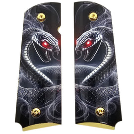 1911 Full Size Metal Grips – Dual Cobra Snake Design – Ambi Cut – Polished Black Finish with Red Eyes
