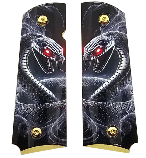 1911 Full Size Metal Grips – Dual Cobra Snake Design – Ambi Cut – Polished Black Finish with Red Eyes