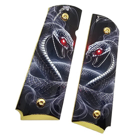 1911 Full Size Metal Grips – Dual Cobra Snake Design – Ambi Cut – Polished Black Finish with Red Eyes