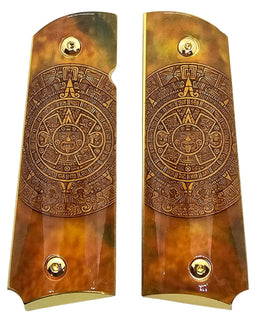 1911 Full-Size Metal Grips with Gold-Plated Screws – Aztec Calendar Design –Ambi Safety Cut Fits Colt 1911, Springfield, Kimber, and Clones