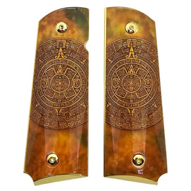 1911 Full-Size Metal Grips with Gold-Plated Screws – Aztec Calendar Design –Ambi Safety Cut Fits Colt 1911, Springfield, Kimber, and Clones