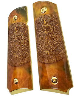 1911 Full-Size Metal Grips with Gold-Plated Screws – Aztec Calendar Design –Ambi Safety Cut Fits Colt 1911, Springfield, Kimber, and Clones