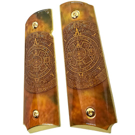 1911 Full-Size Metal Grips with Gold-Plated Screws – Aztec Calendar Design –Ambi Safety Cut Fits Colt 1911, Springfield, Kimber, and Clones