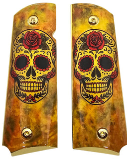 1911 Full-Size Metal Grips with Gold Screws – Sugar Skull Design – Ambi Safety Cut – Fits Colt 1911, Springfield, Kimber, and Clones