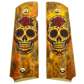 1911 Full-Size Metal Grips with Gold Screws – Sugar Skull Design – Ambi Safety Cut – Fits Colt 1911, Springfield, Kimber, and Clones