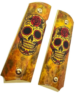 1911 Full-Size Metal Grips with Gold Screws – Sugar Skull Design – Ambi Safety Cut – Fits Colt 1911, Springfield, Kimber, and Clones