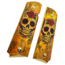 1911 Full-Size Metal Grips with Gold Screws – Sugar Skull Design – Ambi Safety Cut – Fits Colt 1911, Springfield, Kimber, and Clones