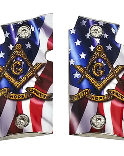 Sig Sauer P938 Full Metal Nickel-Plated Grips with Screws – American Flag Masonic Design