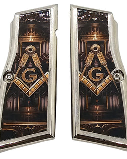 Browning Hi Power Metal Grips – Nickel Plated Masonic Design with Screws