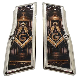 Browning Hi Power Metal Grips – Nickel Plated Masonic Design with Screws