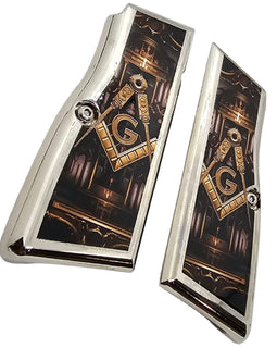 Browning Hi Power Metal Grips – Nickel Plated Masonic Design with Screws