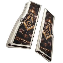 Browning Hi Power Metal Grips – Nickel Plated Masonic Design with Screws
