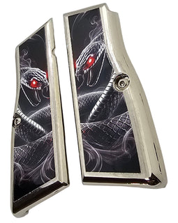 Browning Hi Power Metal Grips – Nickel Plated Snake Design with Screws