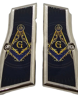Browning Hi Power Metal Grips – Nickel Plated Blue Masonic Design with Screws