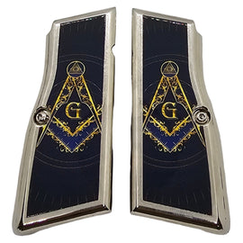 Browning Hi Power Metal Grips – Nickel Plated Blue Masonic Design with Screws