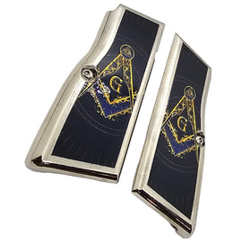 Browning Hi Power Metal Grips – Nickel Plated Blue Masonic Design with Screws