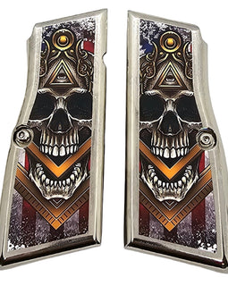 Browning Hi-Power Full-Size Metal Grips – Nickel Plated with Screws – All-Seeing Skull Design