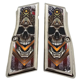 Browning Hi-Power Full-Size Metal Grips – Nickel Plated with Screws – All-Seeing Skull Design