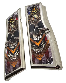 Browning Hi-Power Full-Size Metal Grips – Nickel Plated with Screws – All-Seeing Skull Design