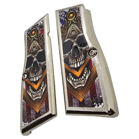 Browning Hi-Power Full-Size Metal Grips – Nickel Plated with Screws – All-Seeing Skull Design