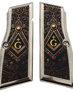 Browning Hi-Power Metal Nickel-Plated Grips with Screws – Freemason “G” Design