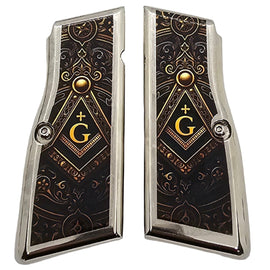 Browning Hi-Power Metal Nickel-Plated Grips with Screws – Freemason “G” Design