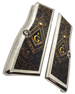 Browning Hi-Power Metal Nickel-Plated Grips with Screws – Freemason “G” Design