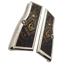 Browning Hi-Power Metal Nickel-Plated Grips with Screws – Freemason “G” Design