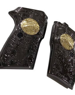 Bersa Thunder 380 Grips – Metal Black Gold Plated Aztec Design with Screws