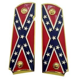 1911 Full Size Metal Grips – Flag Design – Gold-Plated Border – Ambi Cut With Screws