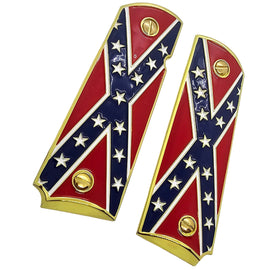 1911 Full Size Metal Grips – Flag Design – Gold-Plated Border – Ambi Cut With Screws