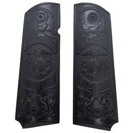 1911 Full Size Metal Grips Black – “Semper Fidelis” Design – With Screws, No Ambi Cut