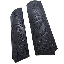 1911 Full Size Metal Grips Black – “Semper Fidelis” Design – With Screws, No Ambi Cut