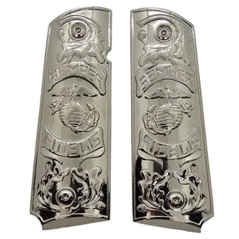 1911 Full Size Metal Grips Chrome – “Semper Fidelis” Design – With Screws, No Ambi Cut