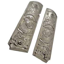 1911 Full Size Metal Grips Chrome – “Semper Fidelis” Design – With Screws, No Ambi Cut