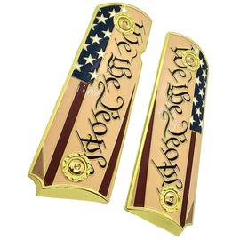 1911 Full-Size Metal Grips Gold – “We The People” USA Flag Enamel (Ambi Cut) + Screws