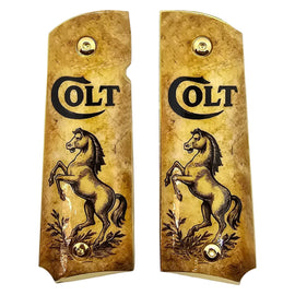 1911 Full Size Metal Grips – Colt Horse Design with Ambi Cut & Screws Gold Plated