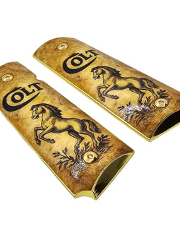 1911 Full Size Metal Grips – Colt Horse Design with Ambi Cut & Screws Gold Plated