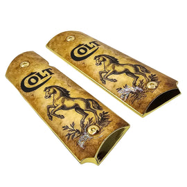 1911 Full Size Metal Grips – Colt Horse Design with Ambi Cut & Screws Gold Plated