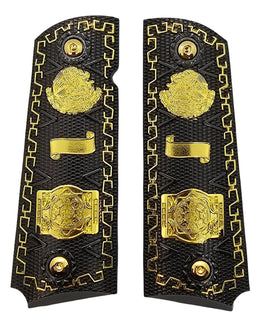 1911 Full Size Metal Grips – Black with Gold Mexican Eagle & Aztec Calendar Design (Ambi Cut, Includes 4 Screws)