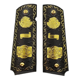 1911 Full Size Metal Grips – Black with Gold Mexican Eagle & Aztec Calendar Design (Ambi Cut, Includes 4 Screws)
