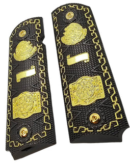 1911 Full Size Metal Grips – Black with Gold Mexican Eagle & Aztec Calendar Design (Ambi Cut, Includes 4 Screws)