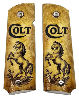 1911 Full Size Metal Grips – Colt Horse Design with Ambi Cut & Screws Nickel Plated