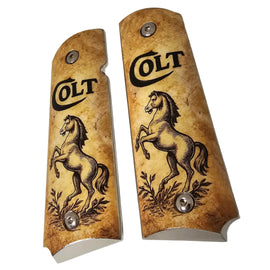 1911 Full Size Metal Grips – Colt Horse Design with Ambi Cut & Screws Nickel Plated