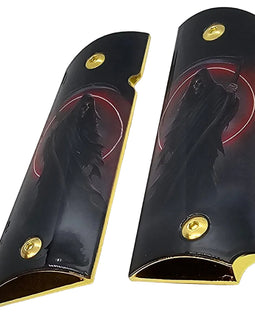 1911 Full Size Metal Grips – Grim Reaper Red Moon Design with Ambi Cut & Screws Gold