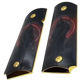 1911 Full Size Metal Grips – Grim Reaper Red Moon Design with Ambi Cut & Screws Gold