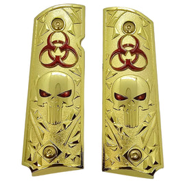 Limited Edition Metal 1911 Full Size Grips – Biohazard Skull Design – Gold/Red – Ambi Safety Cut – Includes Screws